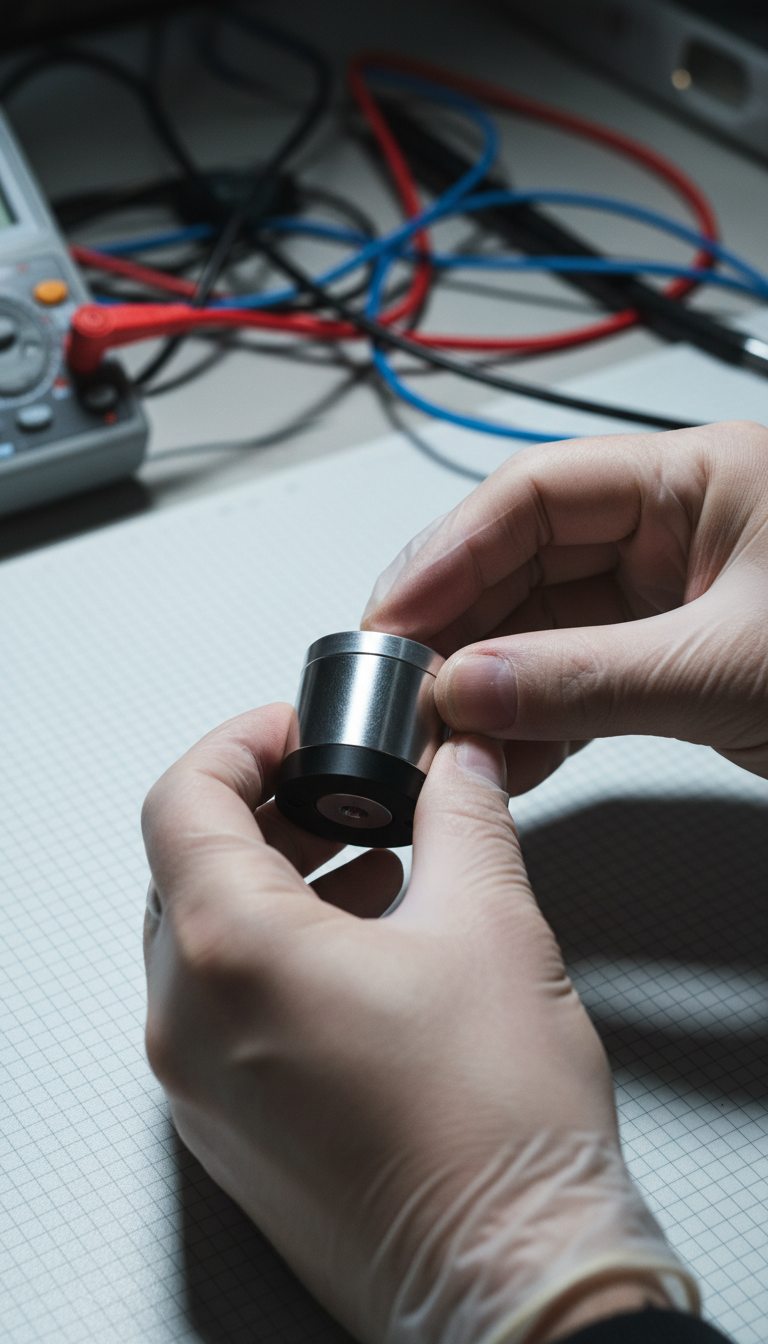 Engineer inspecting a fiber-optic gyroscope component on a lab bench