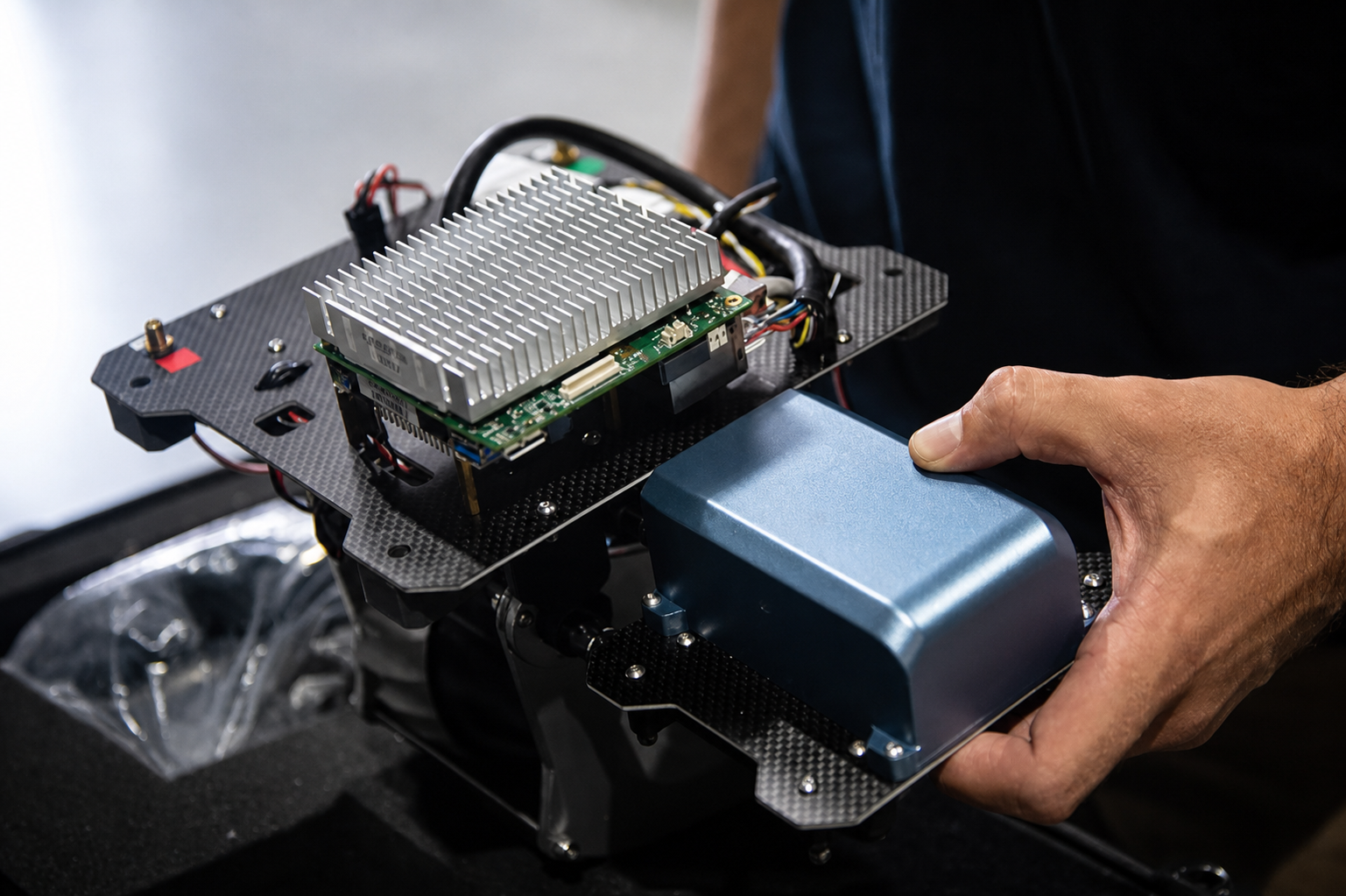 Hand holding a blue component on a carbon fiber frame with a silver heat sink.