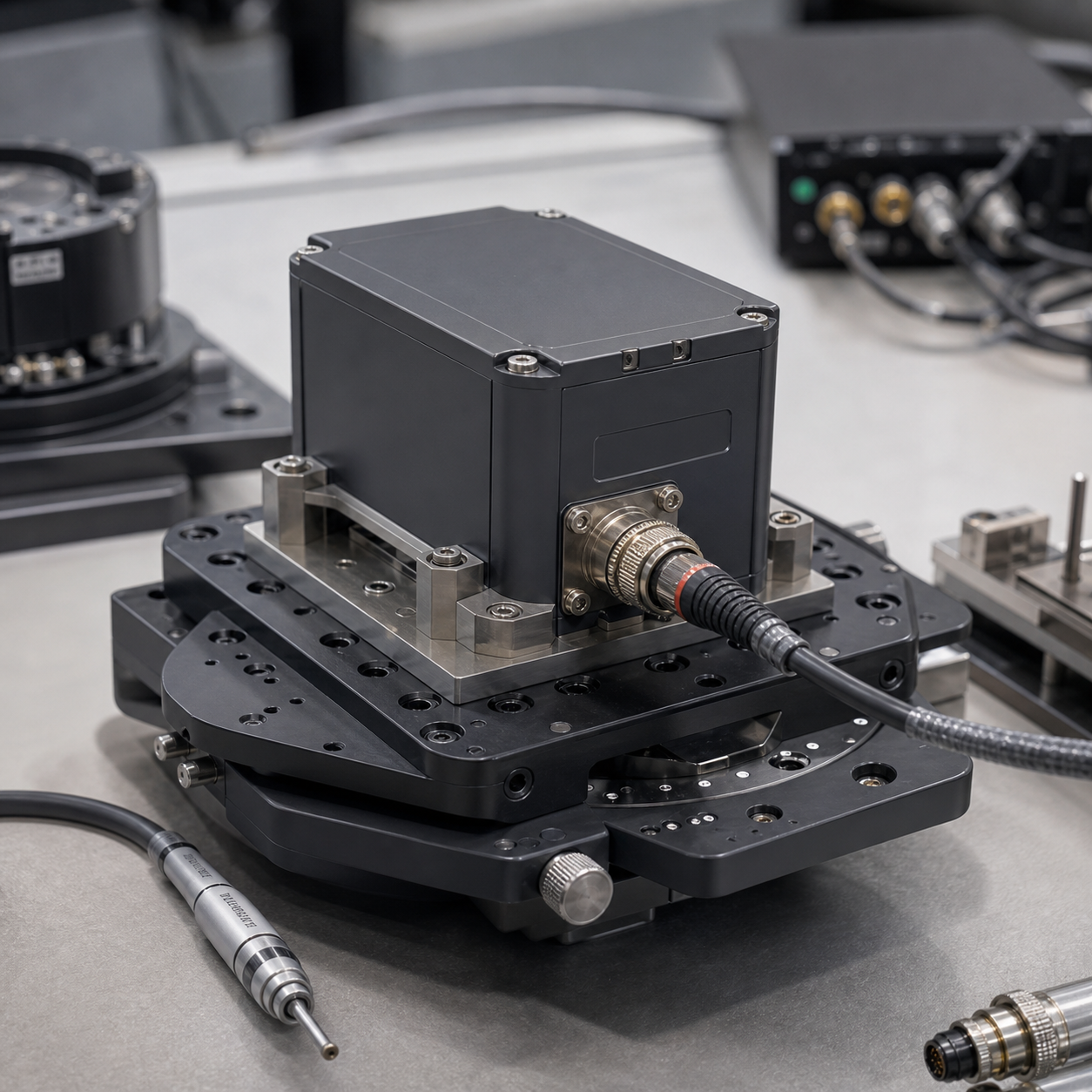 Black sensor module mounted on a multi-axis adjustable base with a connected industrial cable.