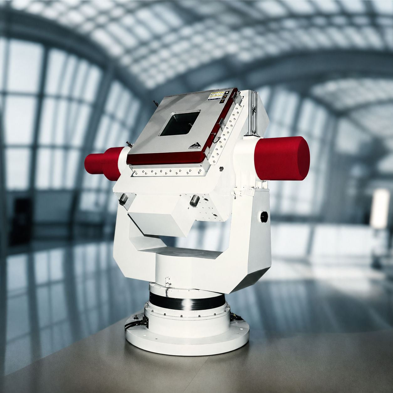 White high-precision tracking gimbal with red side cylinders in a blurred, modern architectural setting.